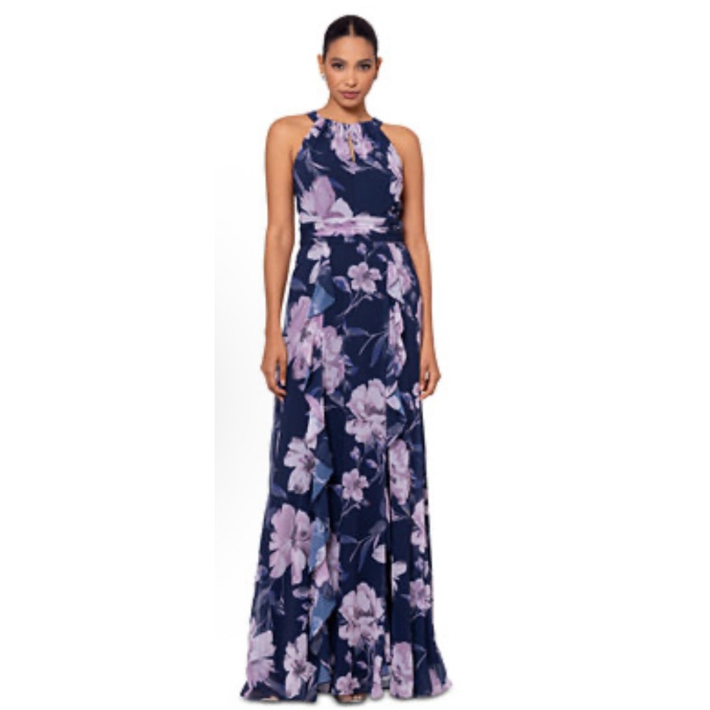 Xscape Women's Blue Floral Chiffon Halter-Neck Gown Dress Size 6 Ruffle
